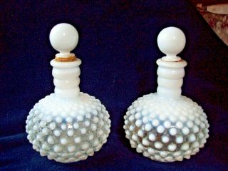 Pair Vintage Fenton Moonstone Hobnail Opalescent White Milk Glass Perfume Bottle
