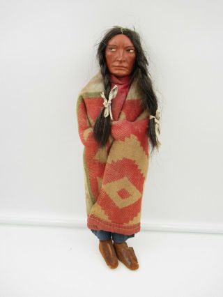 Antique Skookum 12 " Native American Character Doll/ Human Hair Wig W/ Feathers