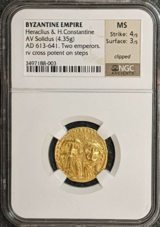 Byzantine Gold Solidus Heraclius & Heraclius Constantine Ngc Ms 4/5 3/5 610 - 41ad
