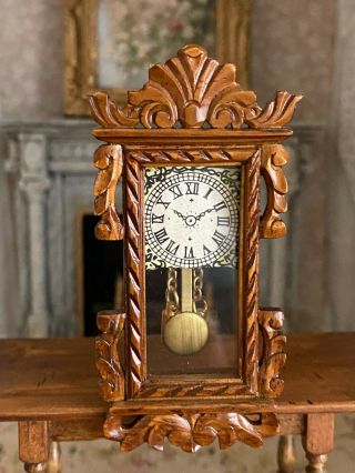 Vintage Miniature Dollhouse Ornate Artisan Carved Wood Wall Clock Glass Front
