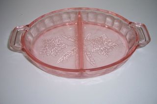 Vintage Jeannette Pink Glass Floral Poinsettia Divided Relish Dish Oval Handled