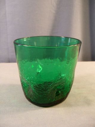 Blenko Green Crackle Glass Dimple / Pinched Tumbler 3 1/2 " Tall