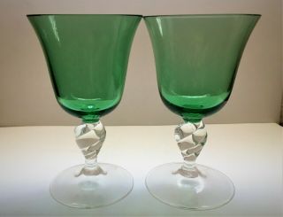 Pair Crystal Twist Stem Green Glass Wine Claret 4 Oz Vintage 4 3/4 " Tall