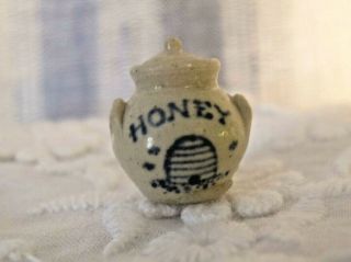 Dollhouse Jane Graber Stoneware Lidded Honey Jar With Handles,  Blue Design