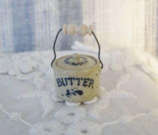 Dollhouse Jane Graber Stoneware Lidded Butter Crock With Handle,  Blue Design