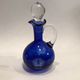 Vintage Cruet Cobalt Blue Cut To Clear Glass Crystal Bohemian 5 - 1/2 " 7 " A699x