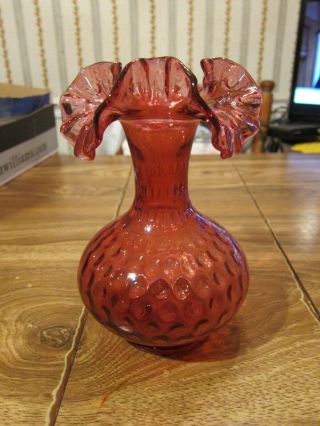 Vintage Fenton Art Glass Ruffled Edge Vase Cranberry Red 8 1/4” Tall