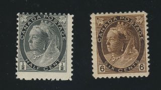 2x Canada Victoria Numeral Stamps 74 - 1/2c Mnh & 80 - 6c Mh F/vf Gv= $210.  00