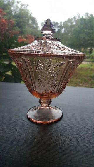 Pink Federal Sharon Cabbage Rose Depression Glass Footed Candy Dish With Lid