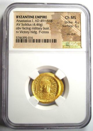 Byzantine Anastasius I AV Solidus Gold Coin 491 - 518 AD - NGC Choice MS (Ch UNC) 2