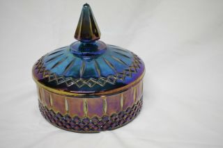 Vintage Indiana Blue Carnival Glass Iridescent Windsor Style Candy Dish W/ Lid