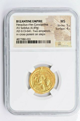 Byz.  Emp.  Heraclius,  Her.  Constantine Av Solidus Ad 613 - 641 Ngc Ms Witter Coin
