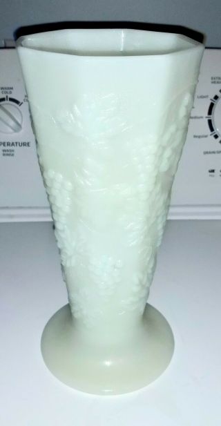 Vintage Large Milk Glass Grapes And Leaves 8 Paneled Vase 9 1/2 " X 4 1/4 " Wide