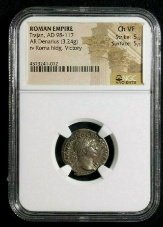 Silver Denarius Of Roman Emperor Trajan,  Roma Reverse Ngc Ch Vf 5/5 1012