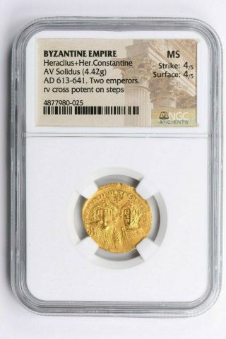 Byz.  Emp.  Heraclius,  Her.  Constantine,  Av Solidus Ad 613 - 641 Ngc Ms Witter Coin