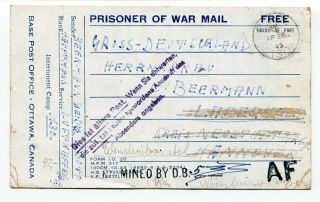 Canada / Germany Wwii Pow Camp - 1945 Seebe,  Alberta - Camp 130 Censor Postcard