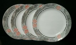 4 Corelle Silk And Roses 7 1/4 " Salad/dessert/bread Plates Black Pink Flowers