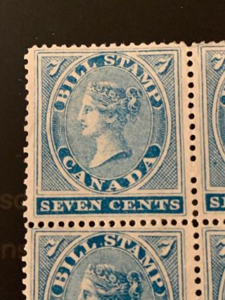 CANADA FIRST BILL STAMP FB7 7c BLUE BLOCK/4,  1864,  F/VF,  OG 2
