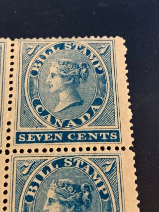 CANADA FIRST BILL STAMP FB7 7c BLUE BLOCK/4,  1864,  F/VF,  OG 3