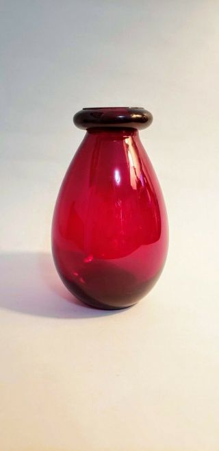 Deep Red Hand Blown Art Glass Vase Ovoid Short Flared Neck With Prominent Rim
