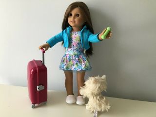 American Girl Doll With Dog,  Suitcase,  And Accessories