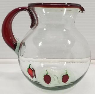 I) Large Hand Blown Red Glass Pitcher Strawberry Design 9 " Tall Lemonade