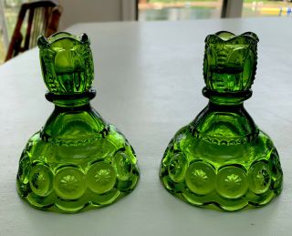 Vintage L.  E.  Smith Emerald Green Moon And Stars Candle Stick Holders 4” Set Of 2