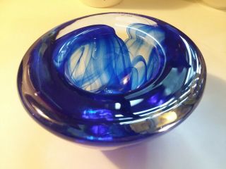 Kosta Boda Deep Cobalt Blue Swirl Bowl Candle Votive Heavy Art Glass