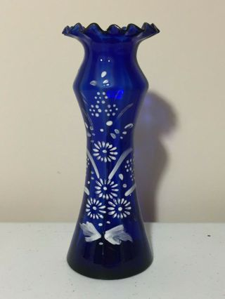 Vintage Hand Blown Painted White Enamel On Cobalt Blue Art Glass Vase 7 "