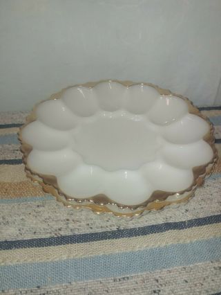 2 Vintage White Milk Glass With Gold Trim Deviled Egg 10 " Tray Plate Dish