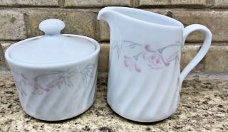 Vintage Corelle Pink Trio Creamer And Covered Sugar Bowl White Swirl Pattern