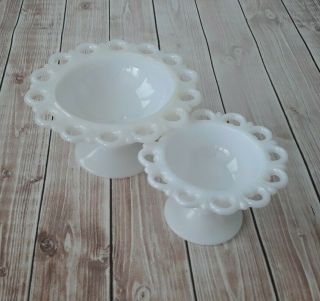 Set Of 2 Vintage White Milk Glass Lace Edge Pedestal Candy Nut Dish Bowls