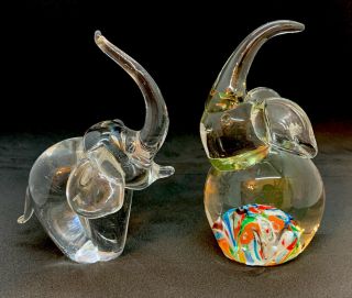 2 Vintage Millefiori Hand Blown Art Glass Trunk Up Elephant Paperweights Cute