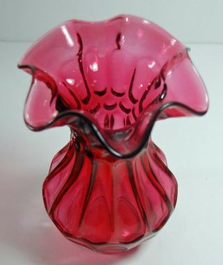 Vintage Fenton Art Glass Cranberry Vase - Ruffled Top - Panels - Dots
