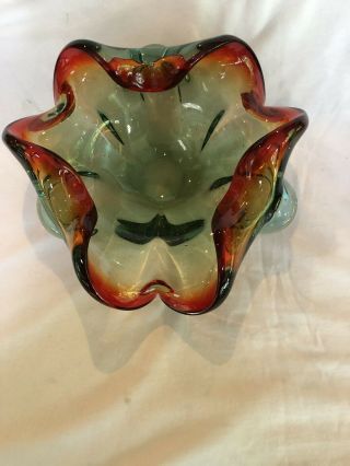 Vintage Murano Glass Ash Tray/bowl Red & Green Ruffled Approx 9” Across