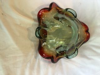 VINTAGE MURANO GLASS ASH TRAY/BOWL RED & GREEN RUFFLED APPROX 9” ACROSS 2