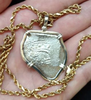 1715 Fleet Authentic Shipwreck 8 Reale Coin Sterling Bezel/ 10 K Gold Chain