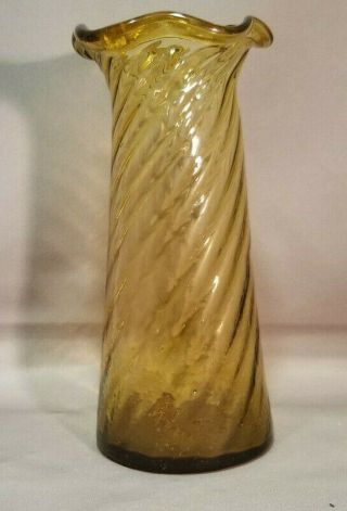 Vintage Vase Hand Blown Gold Tone Swirl Glass Thick With Ruffle Top Bubbles