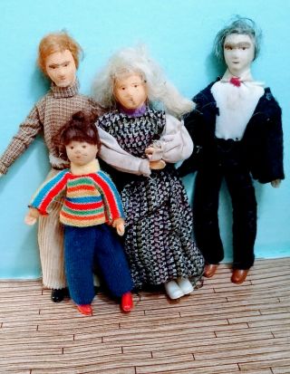 Vintage German Erna Meyer Dollhouse Doll Family 1:12 Scale Mom Dad Grandpa Boy