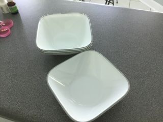 Set Of 4 Corelle Vitrelle Square Soup Cereal Bowls White With Gray Stripe 6.  5”