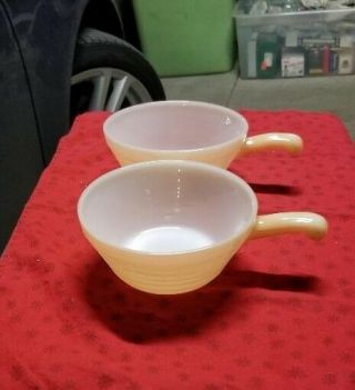 2 Vintage Fire King Peach Soup Bowl With Handle Oven Ware Made In Usa