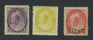 3x Canada Mh Victoria Numeral Stamps 76 - 2c F/vf 81 - 7c F 88 2c/3c Gv=$145.  00