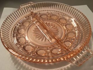 Vintage Pink Glass Divided Relish Dish With Handles,  7.  5”