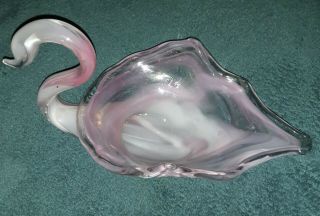 Vintage Handmade Hand Blown Glass Swan Bowl Dish Pink/White Piece 2