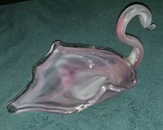 Vintage Handmade Hand Blown Glass Swan Bowl Dish Pink/White Piece 3