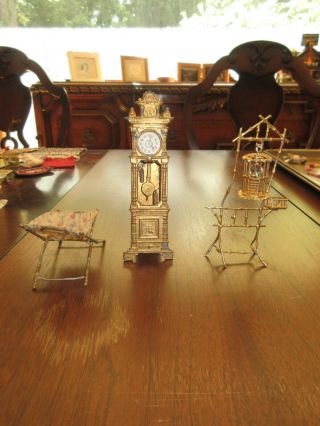 Antique Miniature Dollhouse Ormolu Grandfather Clock,  Bird Cage & Stand &laundry