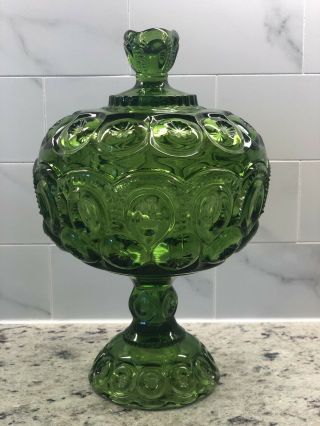 Le Smith Moon And Stars Glass Green Compote Lidded Candy Canister