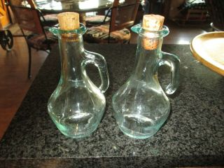 Vintage Pair Green Glass Bottle Oil & Vinegar Cruets Mid Century Cork Stoppers