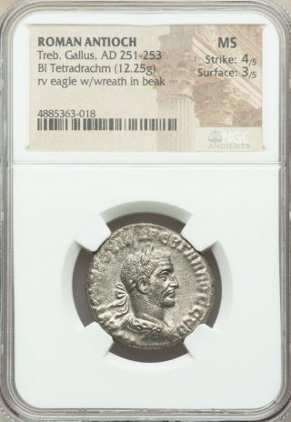 Roman Empire Trebonianus Gallus Bi Tetradrachm Ad 251 - 253 Ngc Ms Antioch Eagle