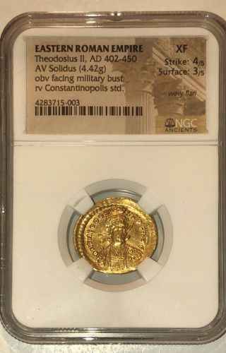Eastern Roman Empire,  Theodosius Ii (402 - 450 Ad) Gold Solidus Coin.  Ngc Xf 4/3